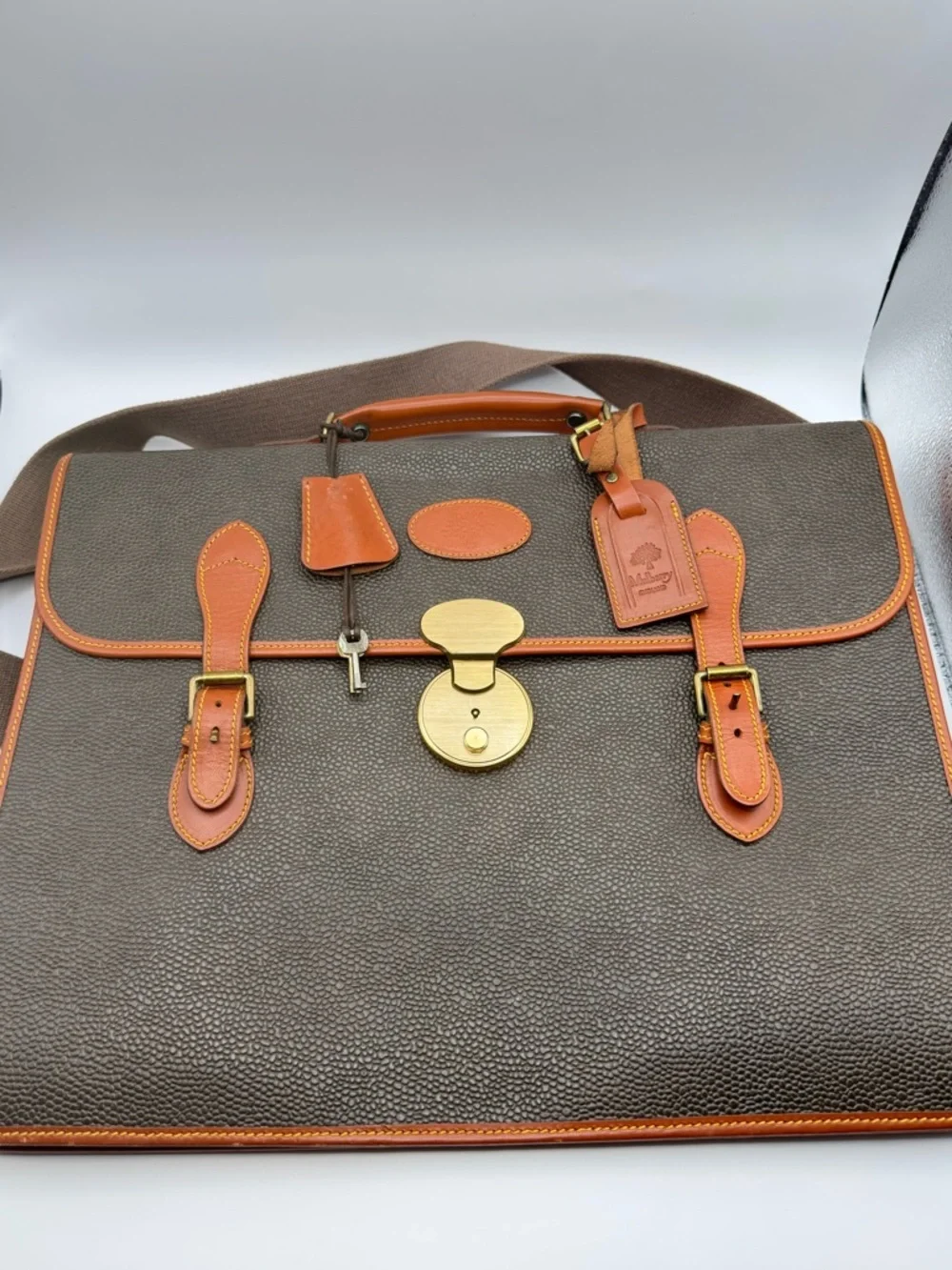 Mulberry England Vintage Scotchgrain Briefcase Satchel | Khaki Brass Lock + Key